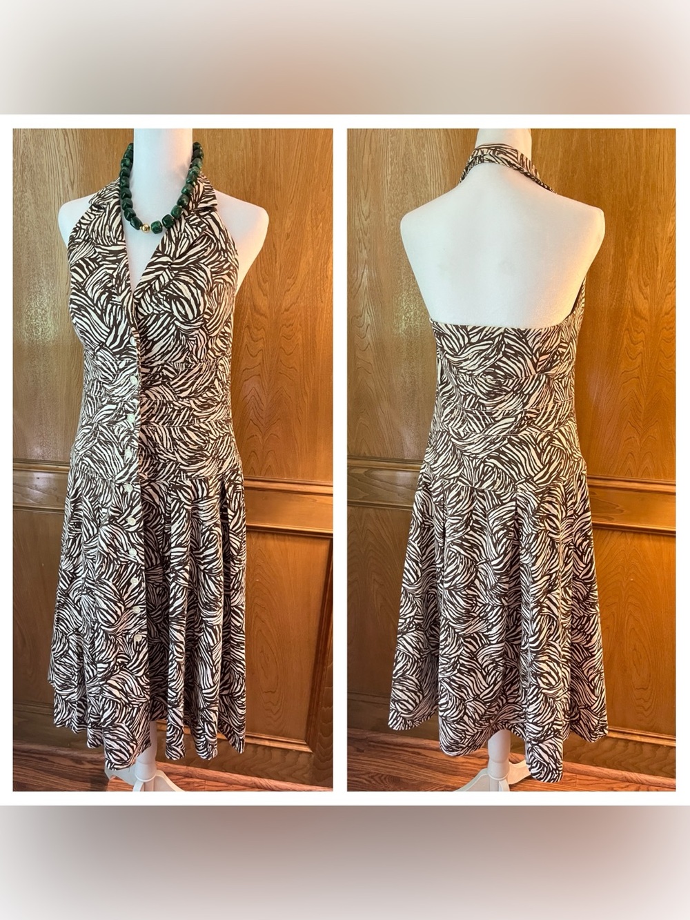 Sz 8P Madison Leigh Animal Print Ivory & Brown Halter Dress